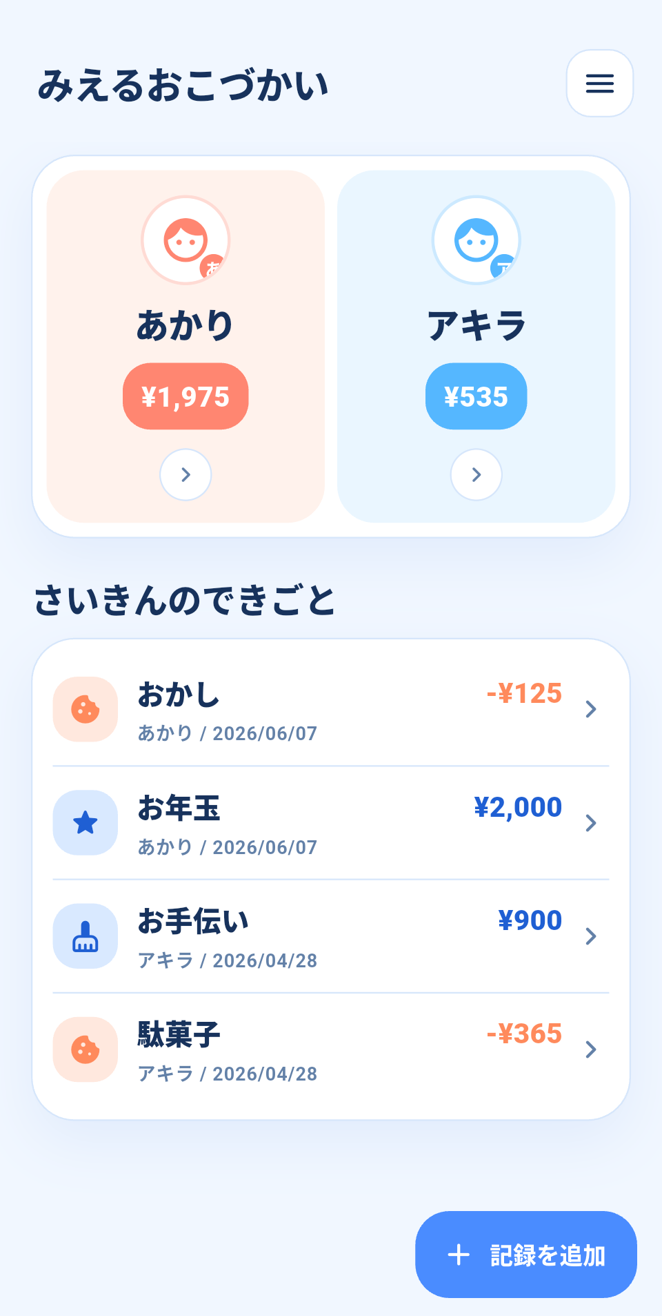 みえるおこづかいのホーム画面イメージ